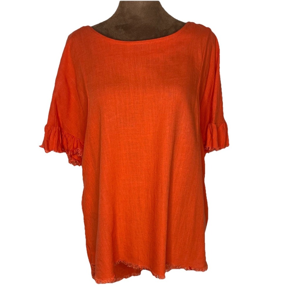 Umgee Linen Blend Top Size S Orange Open Back Short Sleeve Raw Frayed Hem Boho
